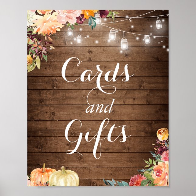 Cards and Gifts Sign | Rustic Autumn Floral Lights (Front)