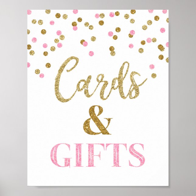 Cards and Gifts Wedding Sign Pink Gold Confetti (Front)