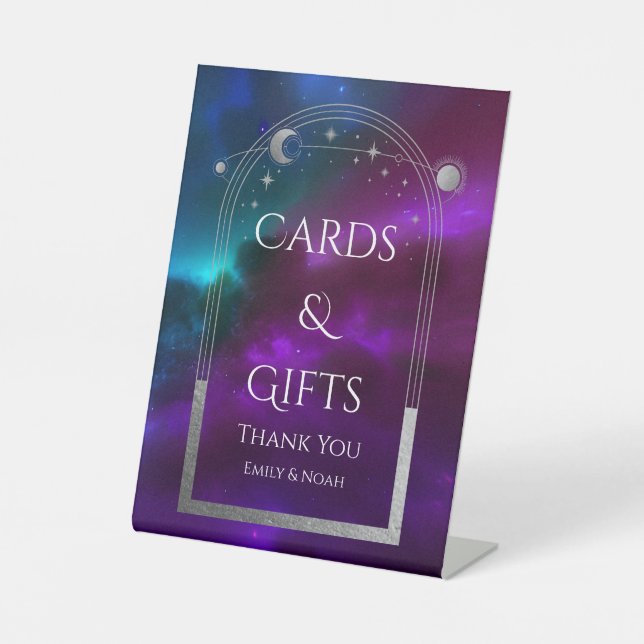 Cards & Gifts Cosmic Purple Teal Sun Moon Wedding Pedestal Sign (Front)