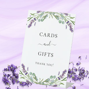 Cards gifts lavender violet floral eucalyptus pedestal sign