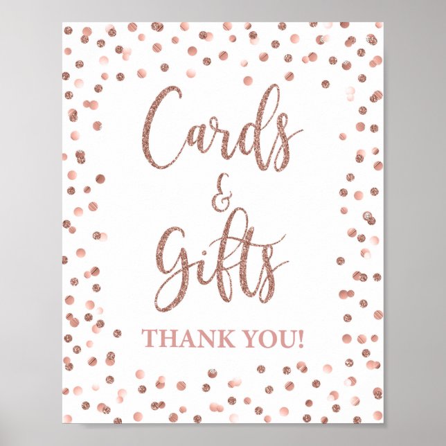 Cards & Gifts Party Sign Rose Gold Glitter (Front)