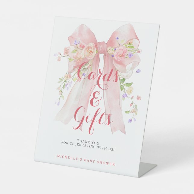 Cards & Gifts Pink Bow Wildflowers Baby Shower Pedestal Sign (Front)