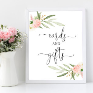 Cards gifts sign pink greenery gold baby shower