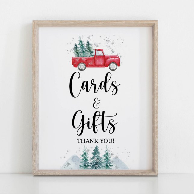 Cards & Gifts Sign Winter Red Christmas Tree Truck (Cards & Gifts Shower Sign, Winter Red Christmas Tree Pickup Truck Theme)