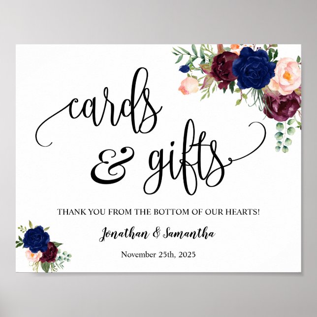 Cards & Gifts wedding reception navy floral sign (Front)