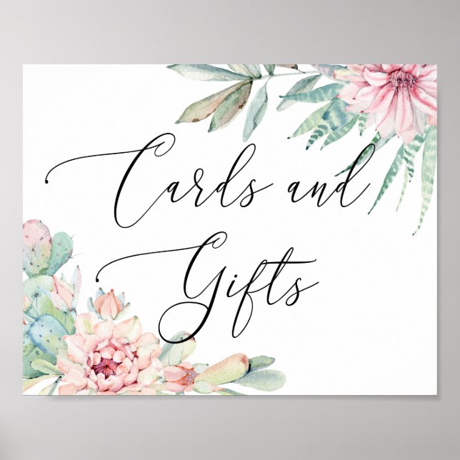 Cards & Gifts Wedding Script Sign | Floral Cactus (Front)