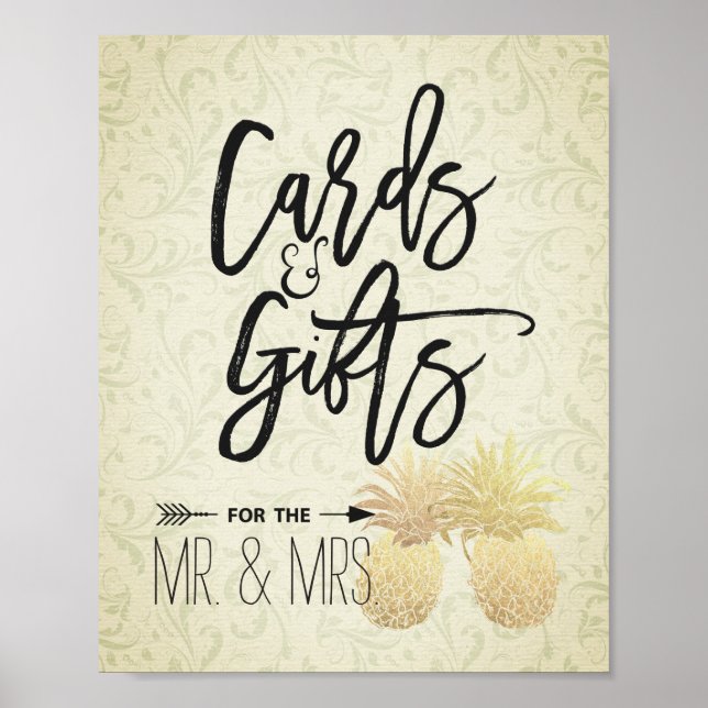 Cards & Gifts Wedding Sign Modern Gold Pineapples (Front)