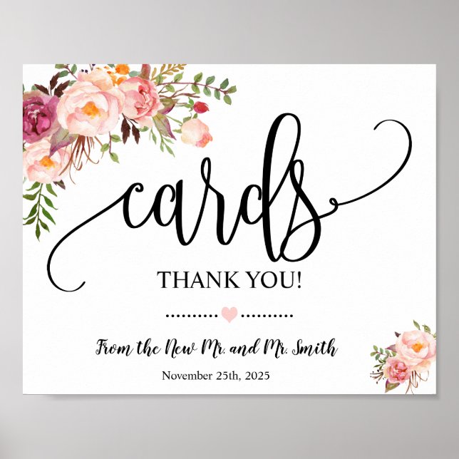 Cards sign shower wedding reception pink floral (Front)