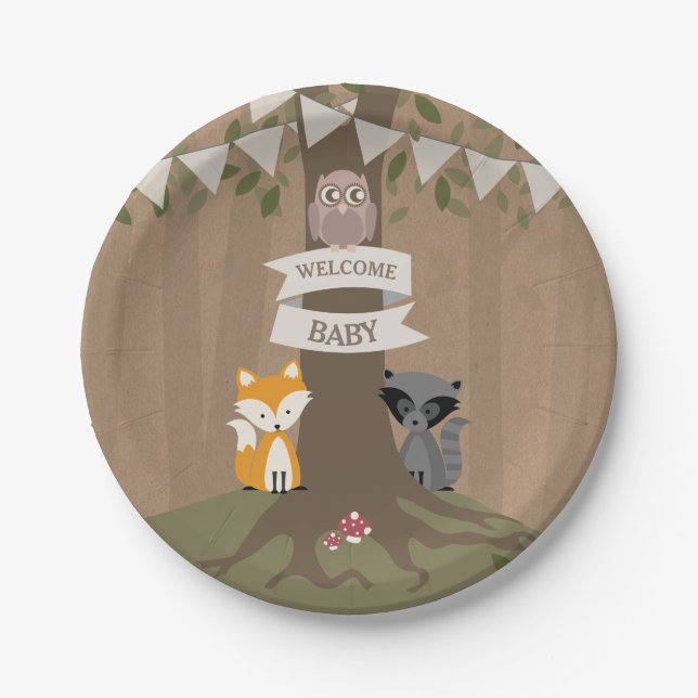 Cardstock Inspired Woodland Neutral Baby Shower Paper Plate (Front)