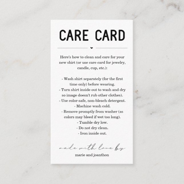Care Card, Homemade Candle Shirt Jewellery Tumbler Enclosure Card (Front)