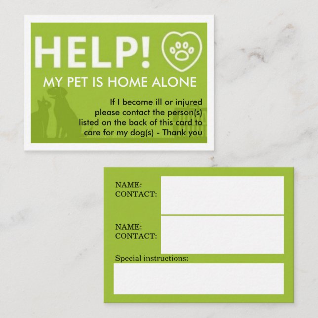 Care For My Pet  Emergency Information Calling Card (Front/Back)