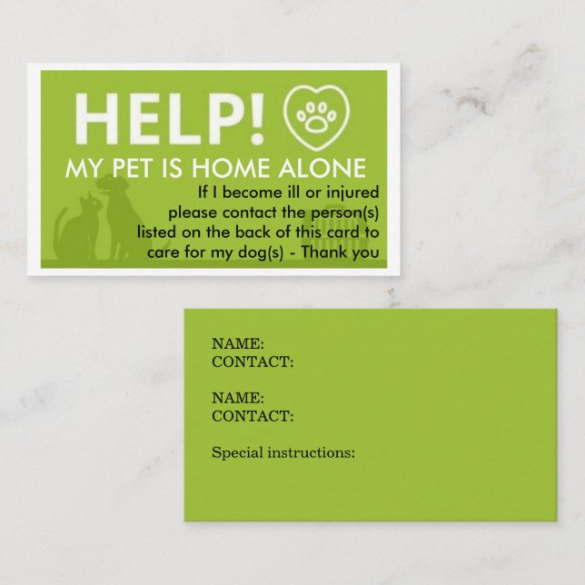 Care For My Pet  Emergency Information Calling Card (Front/Back)