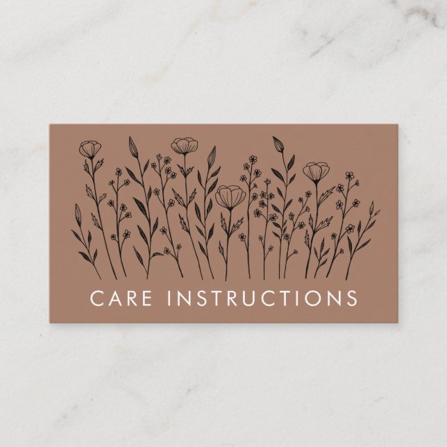 CARE INSTRUCTIONS Chic Elegant Wildflower Mocha Business Card (Front)