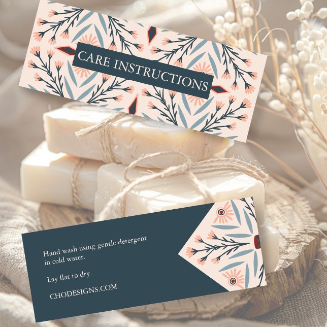 Care INSTRUCTIONS Elegant Floral Tiles Pink  Mini Business Card (Care INSTRUCTIONS Elegant Floral Tiles Pink Blue Navy Mini Business Card
)
