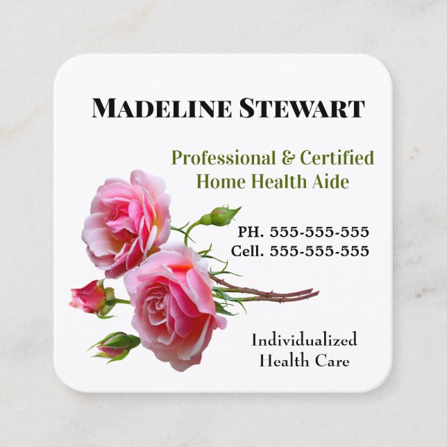 Caregiver Fresh Pink Rose Square Professional Square Business Card (Front)
