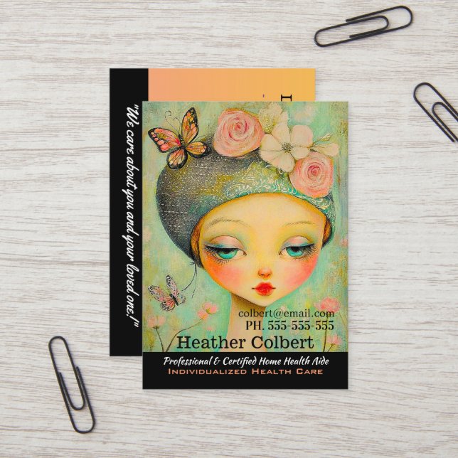Caregiver Girl Butterfly Hat Helper Business Card (Front/Back In Situ)