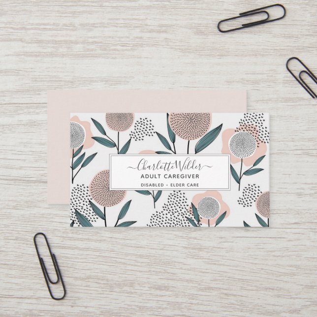 Caregiver Home health Aide Hand Drawn Floral  Business Card (Front/Back In Situ)