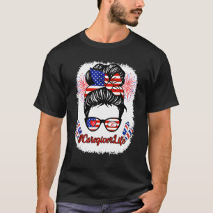 Caregiver Life Messy Bun Hair American Flag Firewo T-Shirt
