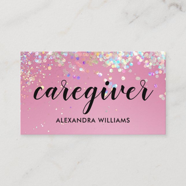 Caregiver Modern Rose Gold Glitter Medical Pink Business Card (Front)