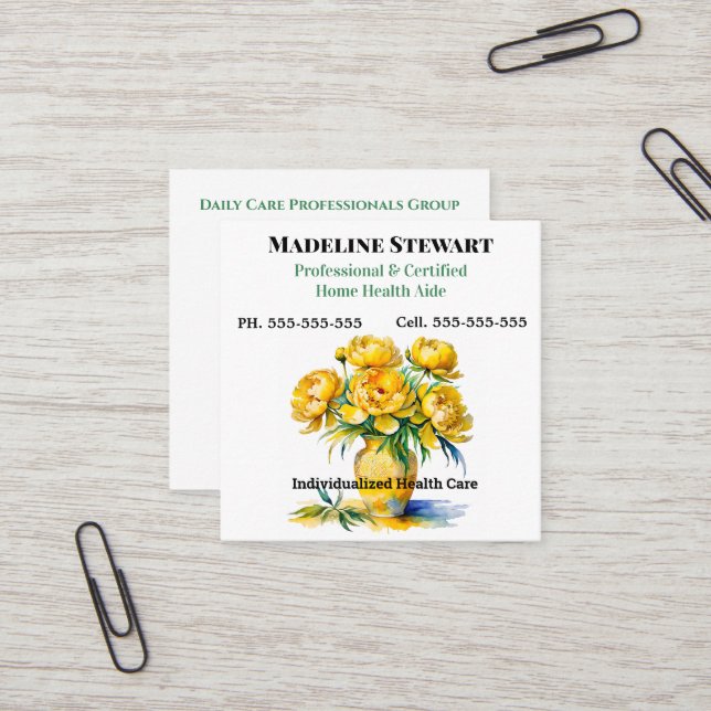 Caregiver Yellow Peony Square Professional Square Business Card (Front/Back In Situ)