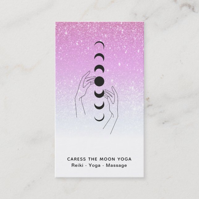 *~* Caress Moon Phases + Hands Celestial Glitter Business Card (Front)