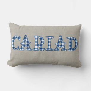 Cariad Welsh Check Gingham Text Design on Burlap Lumbar Cushion