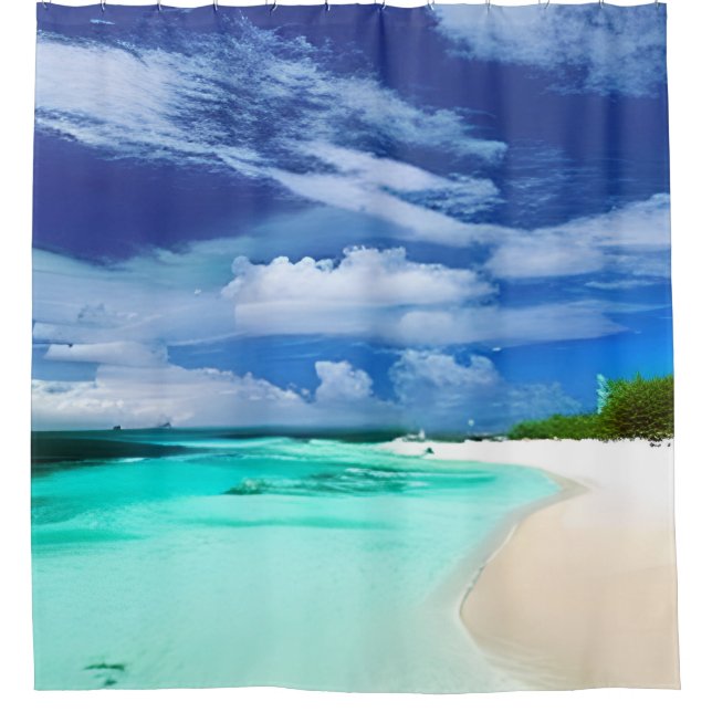Caribbean Beach with Deep Blue Summer Sky Shower Curtain (Front)