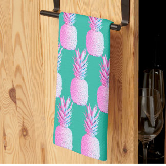 Caribbean Blue Colorful Pink Pineapples Tea Towel
