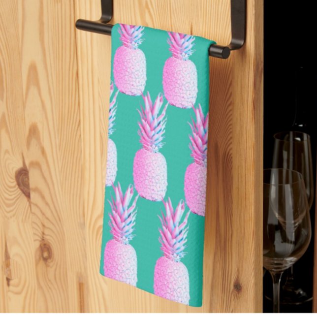 Caribbean Blue Colorful Pink Pineapples  Tea Towel (Pink pineapples on tropical blue green! )