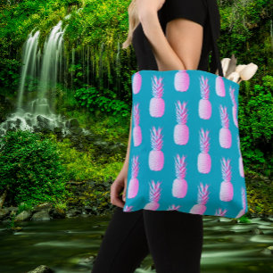Caribbean Blue Colorful Pink Pineapples  Tote Bag