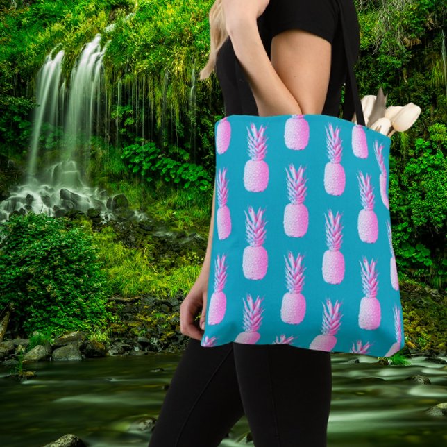 Caribbean Blue Colorful Pink Pineapples  Tote Bag (Whimsical pink pineapples across a Caribbean blue background!)