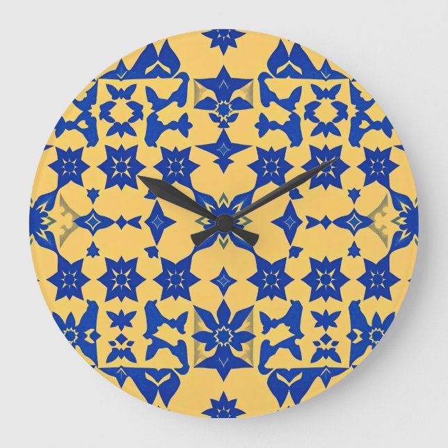 Caribbean Blue Gold Tile Motif Pattern Azulejo  Large Clock (Front)