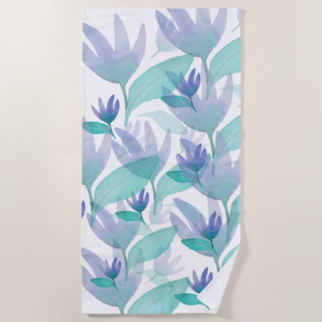 Caribbean Blue Green Watercolor Wonder Flowers  Beach Towel (Front)