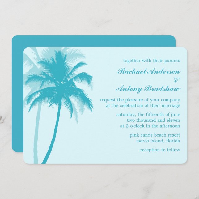 Caribbean Blue Palm Trees Tropical Wedding Invitation (Front/Back)