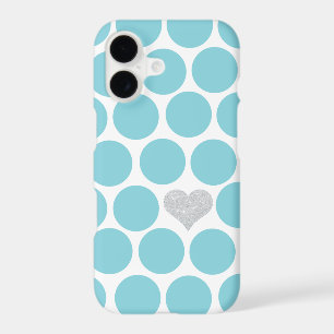 Caribbean Blue Polka Dots Silver Glitter Heart
