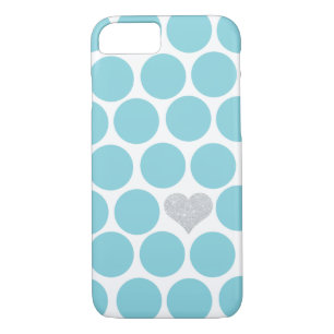 Caribbean Blue Polka Dots Silver Glitter Heart iPhone 8/7 Case