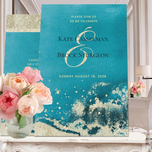 Caribbean Blue Sea Gold Coast Modern Wedding Invitation (Creator Uploaded)