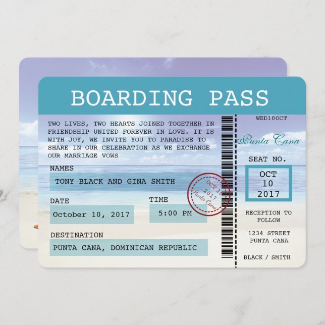 Caribbean Dreamz Wedding Boarding Pass Invitation (Front/Back)