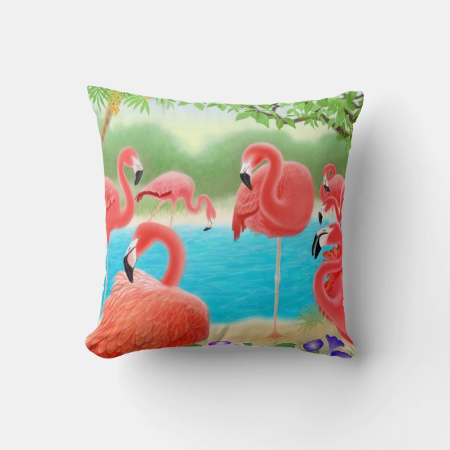 Caribbean Flamingo Lagoon Pillow (Front)