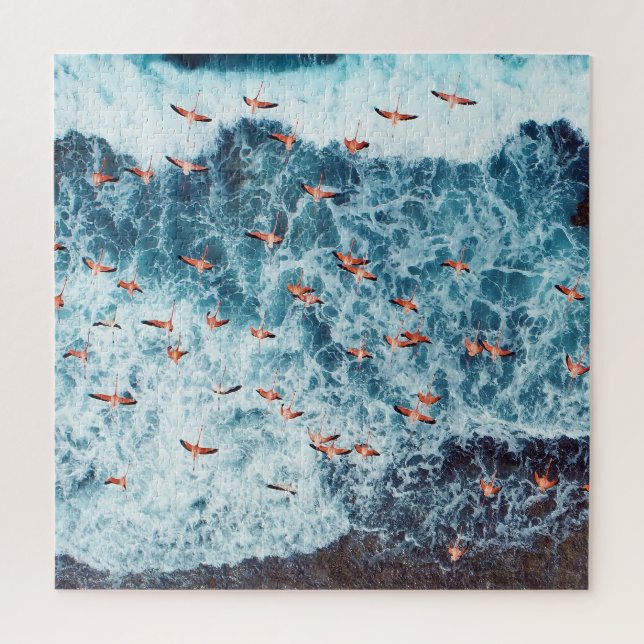 Caribbean Flamingos: Nature's Flight Scene Jigsaw Puzzle (Vertical)