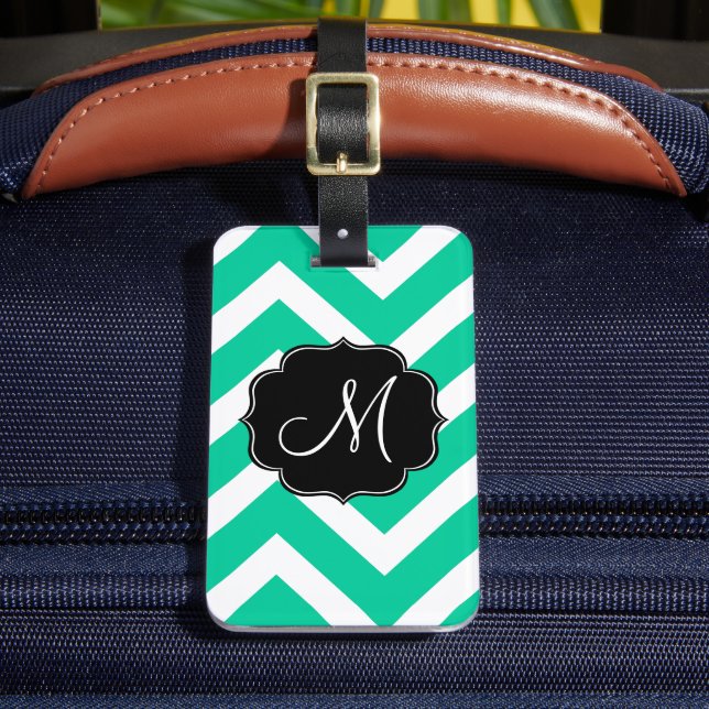 Caribbean Green and White Chevron Stripes Luggage Tag (Front Insitu 2)