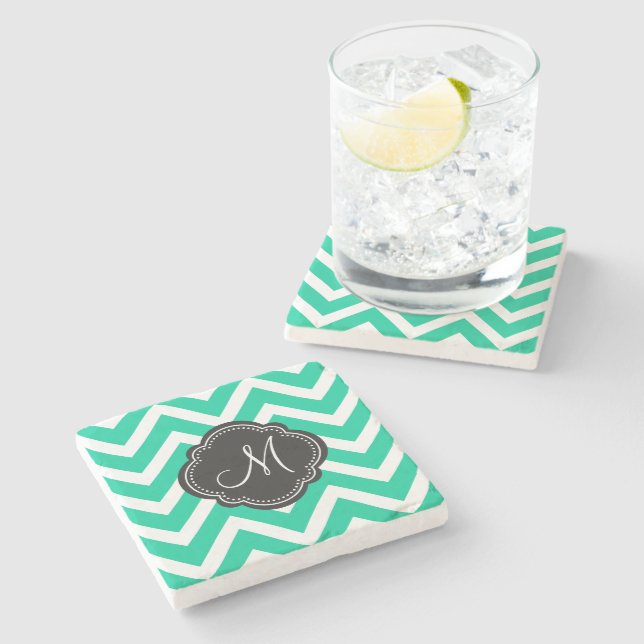 Caribbean Green Chevron Pattern with Monogram Stone Coaster (Side)