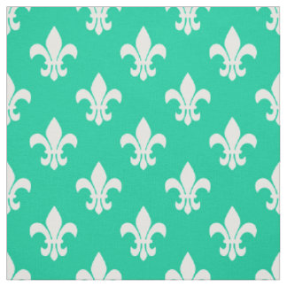 Caribbean Green, White Fleur De Lis Pattern Fabric