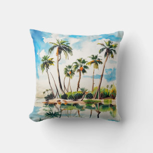 Caribbean Island Paradise Watercolor Palm Trees v2 Cushion