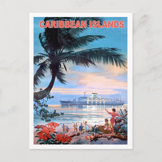 Caribbean islands, cruiser ship, vintage travel postcard (Front)