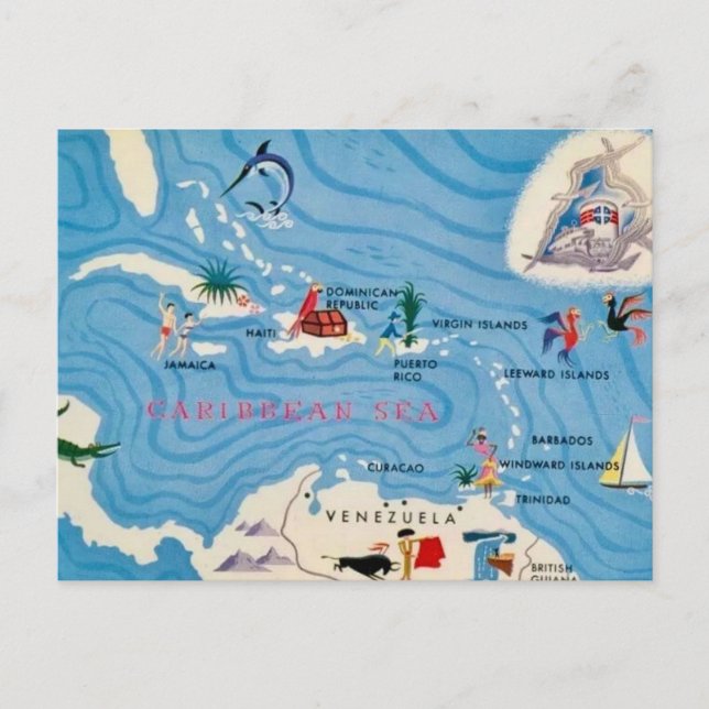 Caribbean Islands Illustrated Map  Postcard (Front)