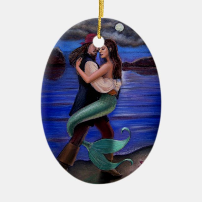 Caribbean Mermaid & Pirate Oval Christmas Ornament (Front)
