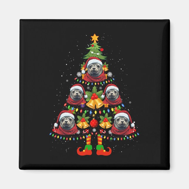 Caribbean Monk Seal Dog Santa Hat Christmas Tree X Magnet (Front)