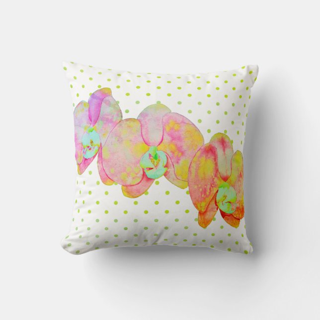 Caribbean orchids, tropical watercolor flowers cushion (Front)