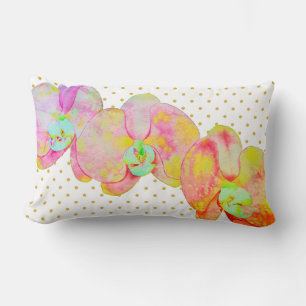 Caribbean orchids, tropical watercolor flowers lumbar cushion